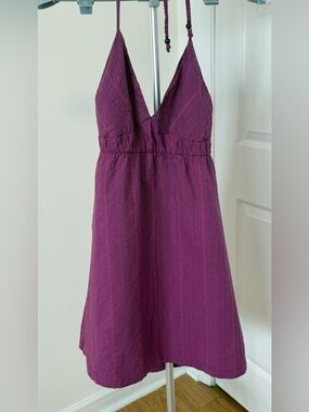 Mossimo Supply Co Purple Striped Halter Mini Dress Wood Bead Tie Empire Waist XL
